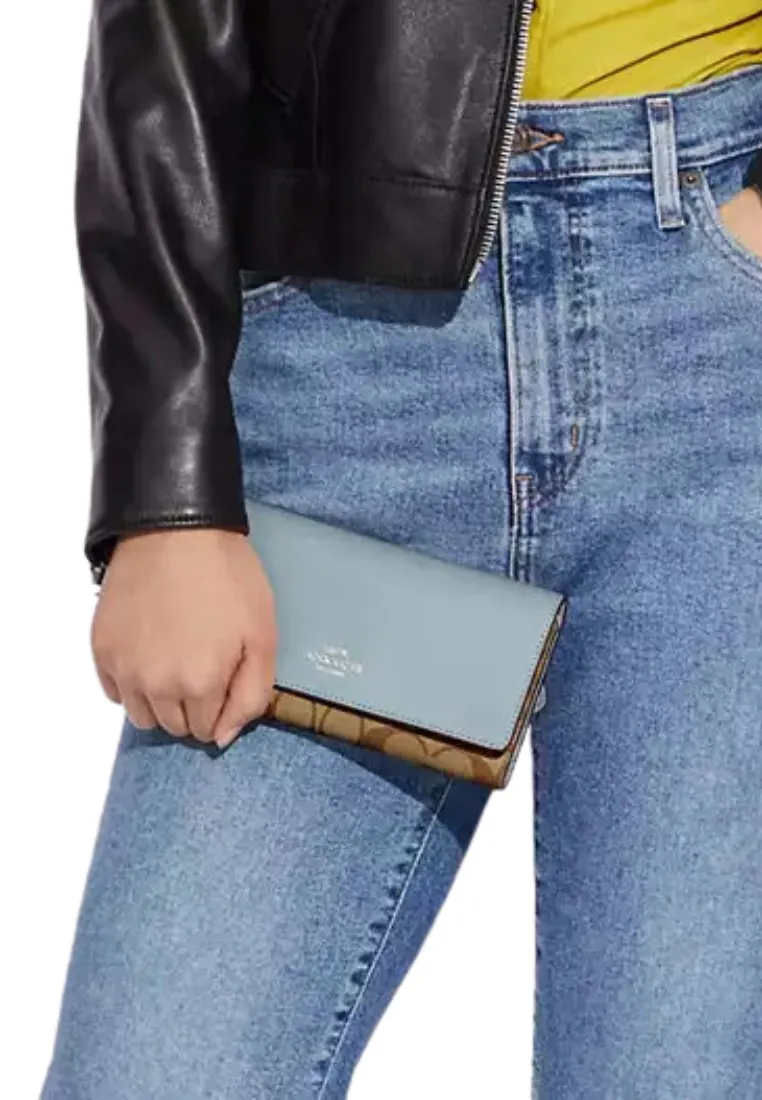 ( AS IS ) Coach Signature Slim C5966 Trifold Wallet In Khaki Powder Blue