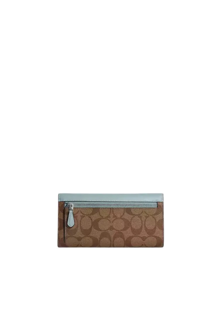 ( AS IS ) Coach Signature Slim C5966 Trifold Wallet In Khaki Powder Blue