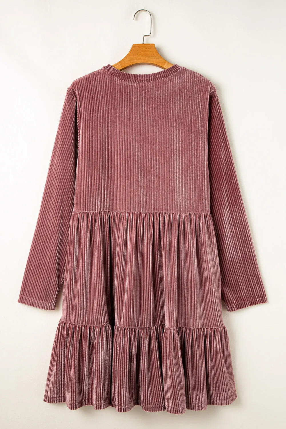 Apricot Pink Plus Size Velvet Ribbed Knit Tiered Ruffled Mini Dress