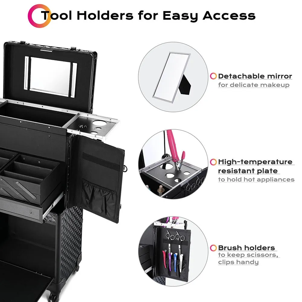 Byootique Black Rolling Hair Stylist Barber Case Organizer Stroage Trolley