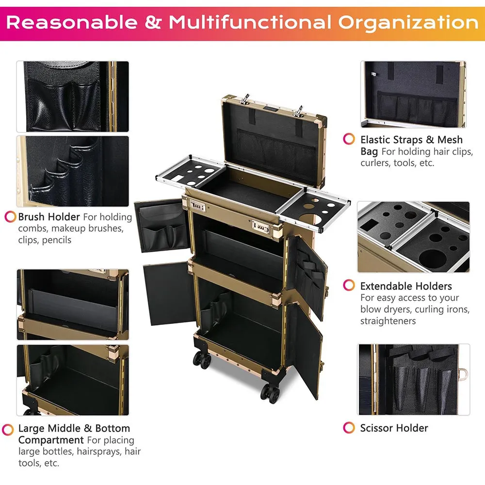 Byootique Bronze Rolling Hair Stylist Makeup Case Cosmetic Salon Trolley