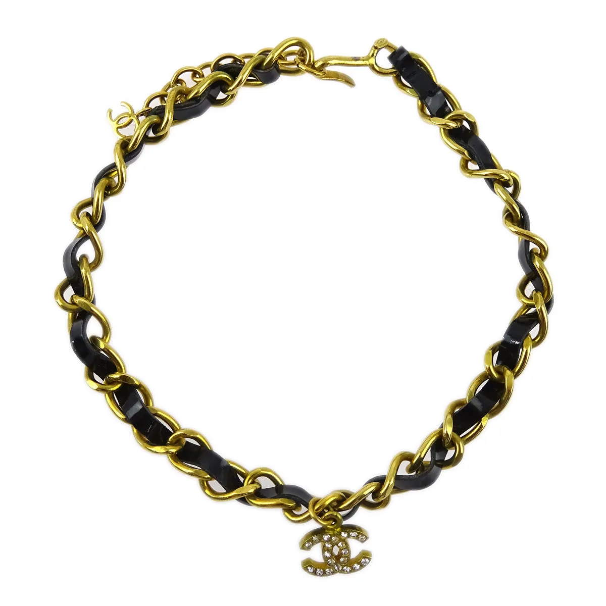 Chanel CC Rhinestone Pendant Necklace Gold Black 95P