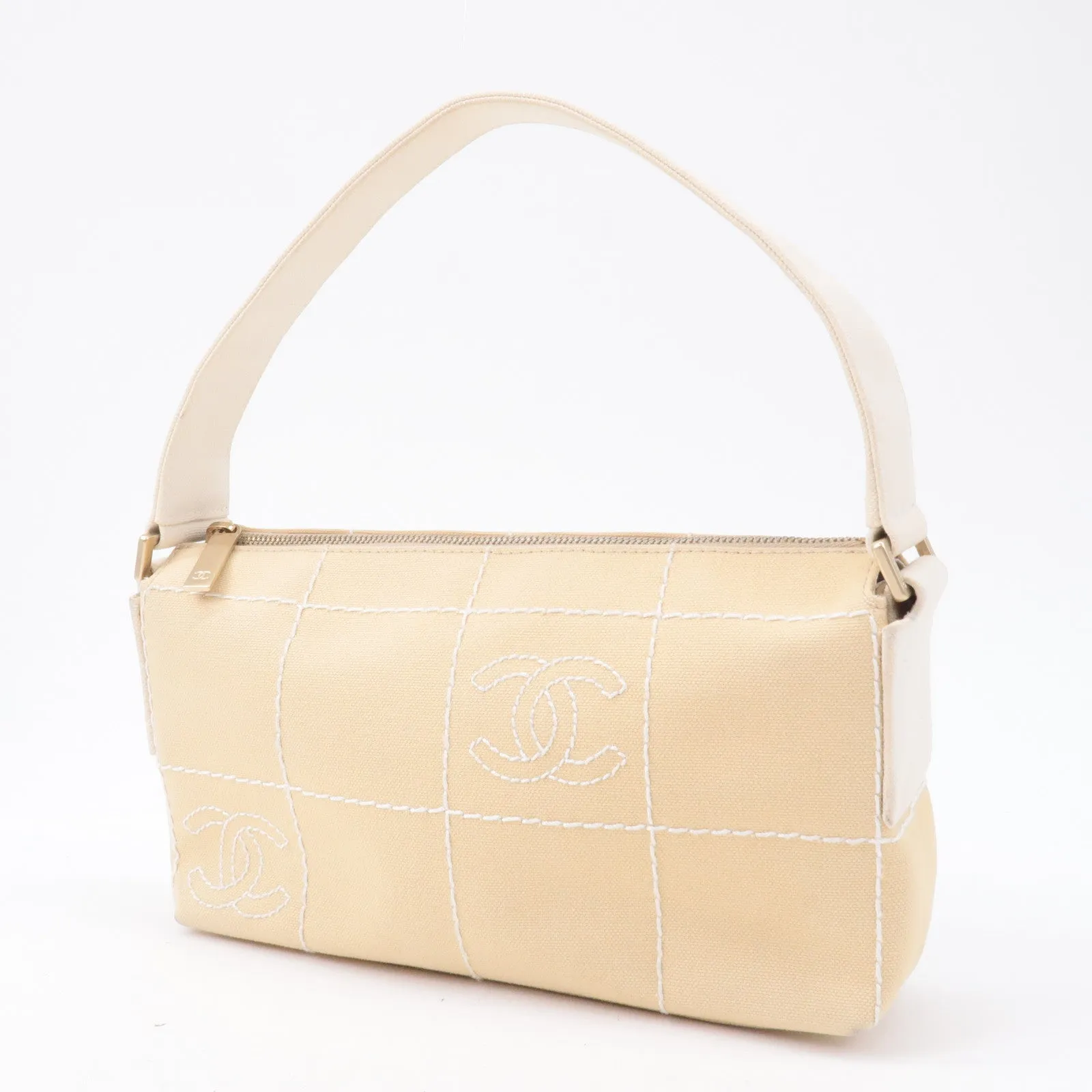 CHANEL Chocolate Bar Canvas Hand Bag Shoulder Bag Beige