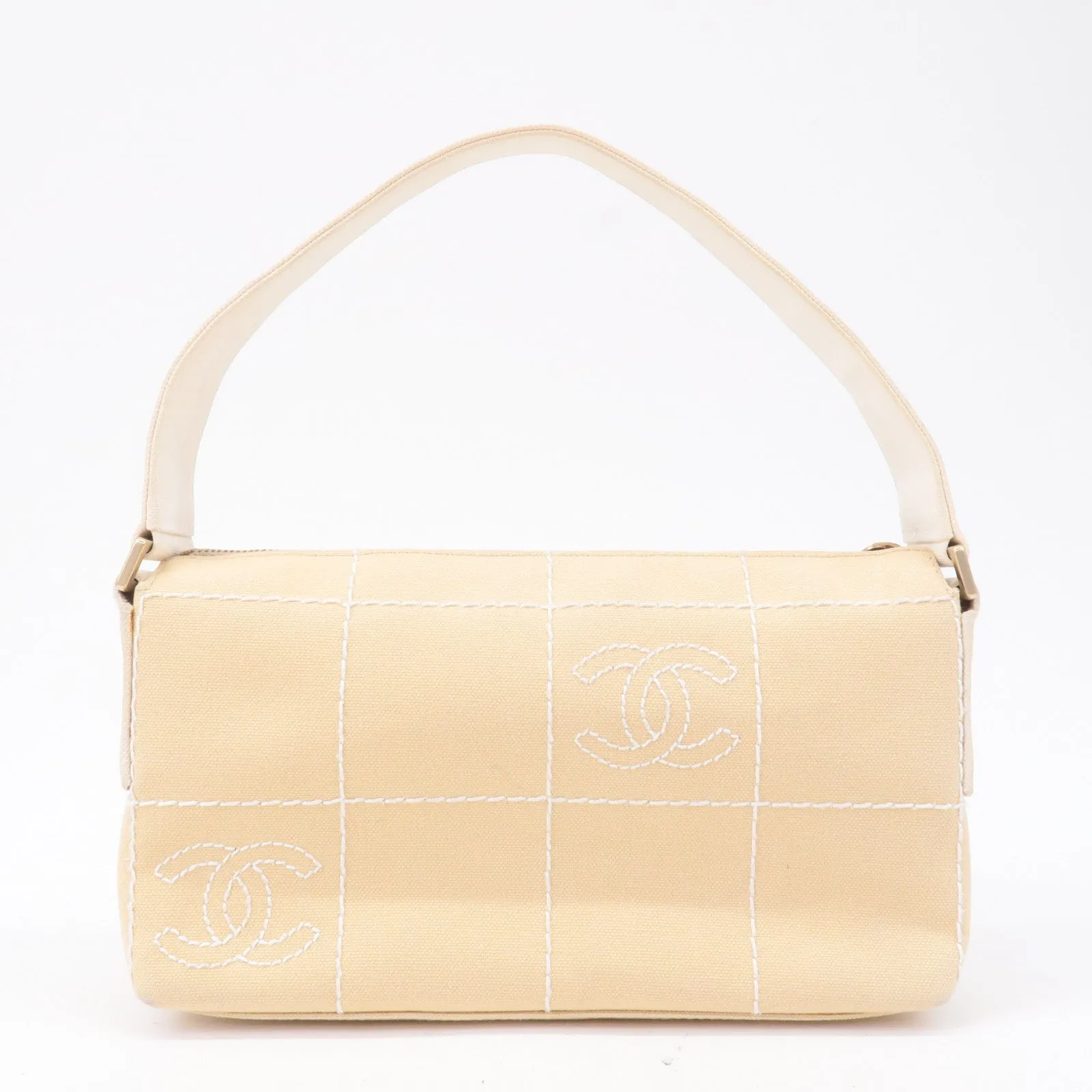 CHANEL Chocolate Bar Canvas Hand Bag Shoulder Bag Beige