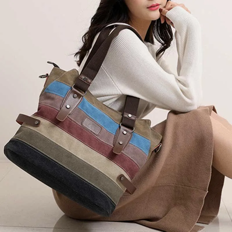 Multifunction Color Block Canvas Handbag Hobo Tote Bag Crossbody Purses