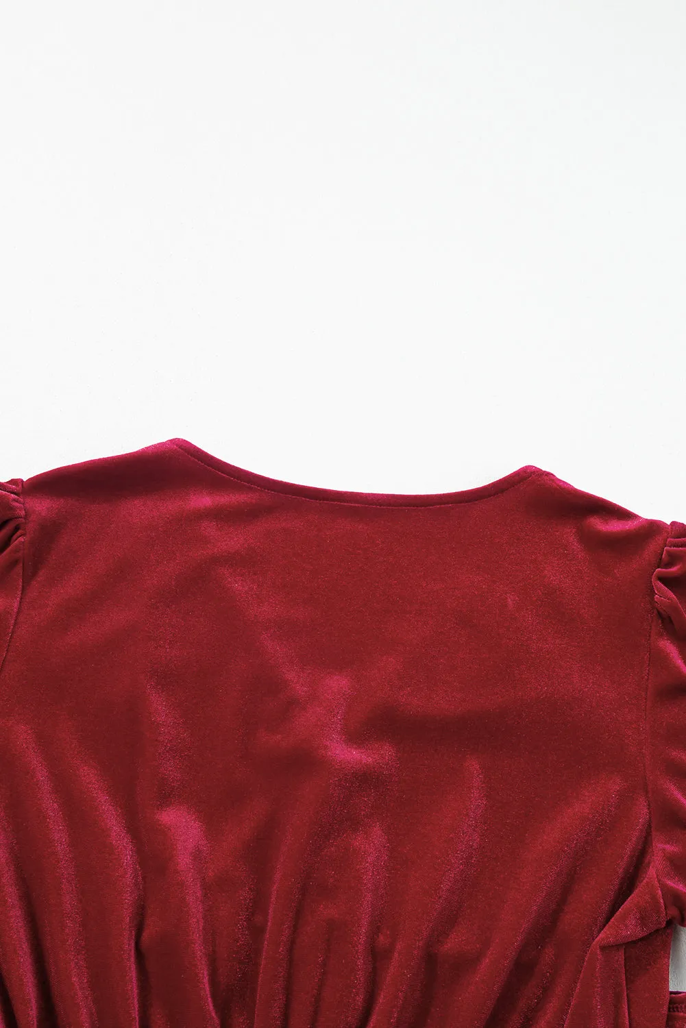 Racing Red Velvet Buttoned Puff Sleeve V Neck Split Midi Dress