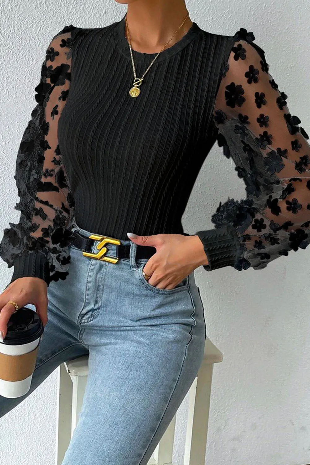 White Floral Applique Mesh Sleeves Textured Knit Blouse