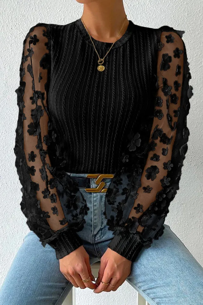 White Floral Applique Mesh Sleeves Textured Knit Blouse